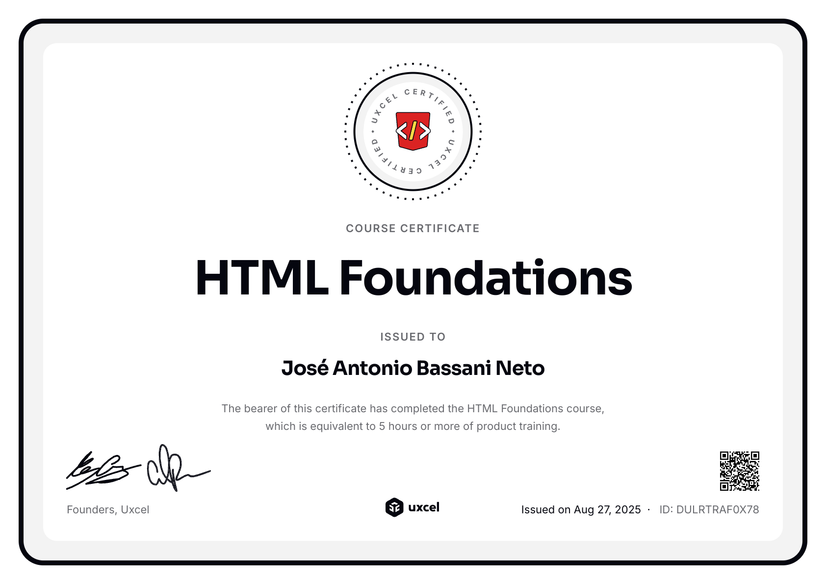 José Antonio Bassani Neto's certificate